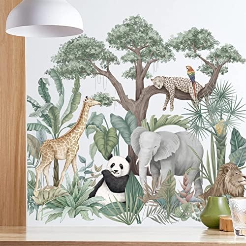 Adesivos de parede de animais da selva de plantas verdes tropicais, decalque de papel de parede de vinil grande árvore removível, murais de arte diy para crianças decoração para crianças com berçário