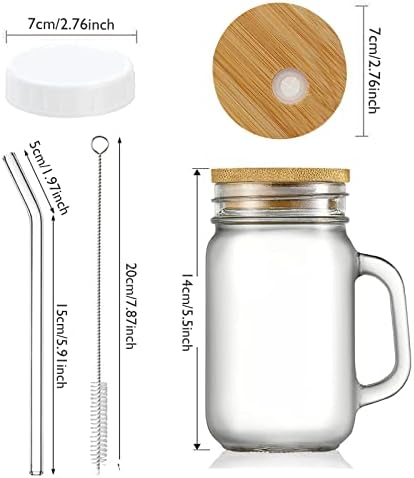 Jarros de maçom de 2 pacote com alça, potes de 24 oz com tampas de bambu e tampas herméticas brancas e palhas de vidro copos reutilizáveis