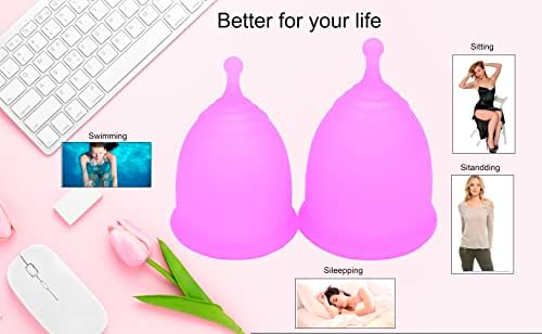 2 Conjunto de copo de período rosa reutilizável e melhor remoção de copos menstruais com silicone, tampão e bloco