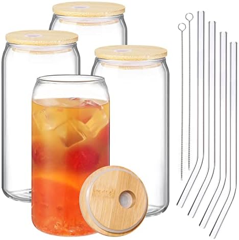 Copas de vidro tampas de bambu para cerveja lata de vidro 16 oz, bebendo copos de cerveja copos de copos de 4, xícaras de