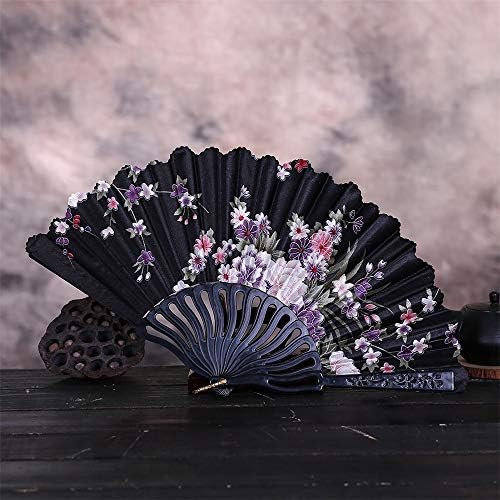 icodod vintage estilo chinês fã de fã de festas de casamento fã de renda de seda dobrável manutenção de ventilador artesanato de flor artesão decorativo fã de dança retro preto preto