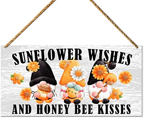Olá, decoração de placas de verão para porta da frente, desejos de girassol e beijos de abelha, sinal gnomo de verão para a decoração