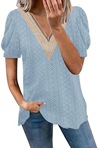 Etcyy Womens Summer Tops 2023 Trendy Casual Puff Sleeve V Neck T Camisetas