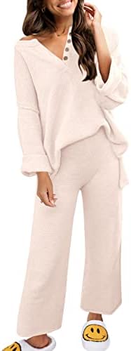 Senserise feminino 2 peças roupas suéter conjunto de manga comprida botão malha suéter de suéter superior calças de perna larga