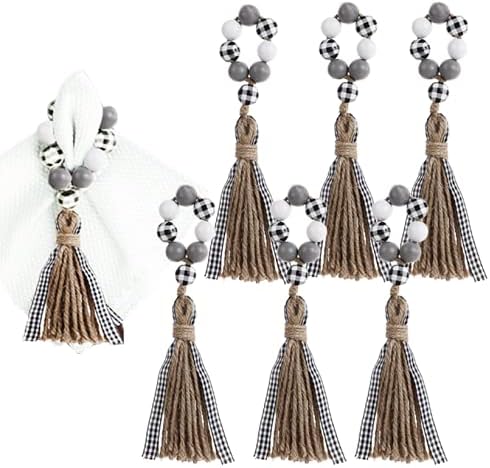 Tsehuar Wood Bads Napkin Rings Boho Napkin Rings With Tassels Plaid Print Beads Decoração