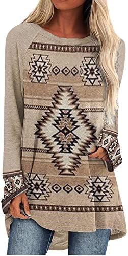 Camisas de manga comprida para mulheres casuais astecas moletom de madrugada geométrica de estilo étnico tamas de túnicas de túnica soltas de ajuste solto