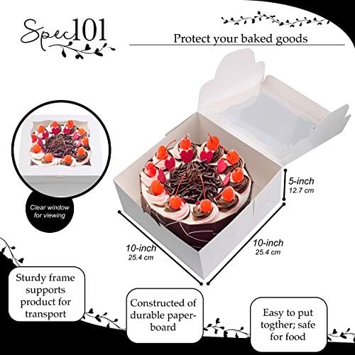 Spec101 Caixas quadradas de bolo com janela - recipiente de bolo descartável de 24pk com adesivos, caixas de bolo branco 10x10x5 polegadas