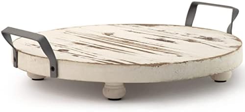 Riser de madeira redonda vintage para decoração - bolo de madeira Stand Rustic - Stand de pedestal da fazenda - Riser de bandeja de 12 polegadas, alças de ferro intercambiáveis ​​para placas