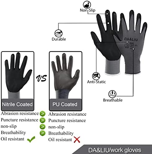 DA & Liu 12 pares Micro espuma de espuma nitrila Luvas de trabalho com luvas de trabalho de trabalho com nylon de malha sem costura