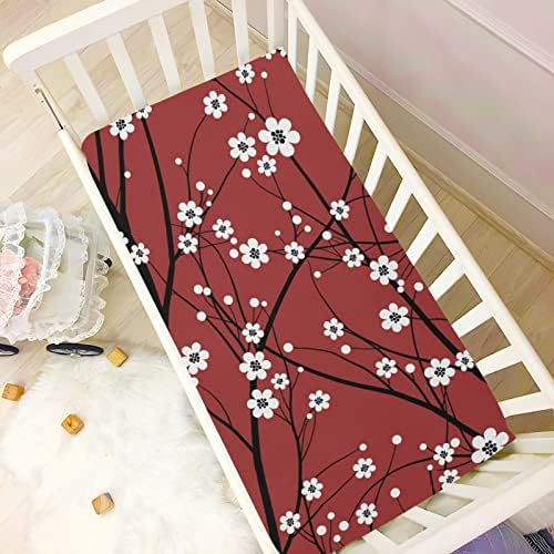 Alaza Cherry Blossom Floral Folhas de berço vermelho encaixadas lençóis de berço para meninos bebês meninas criança, tamanho padrão 52 x 28 polegadas