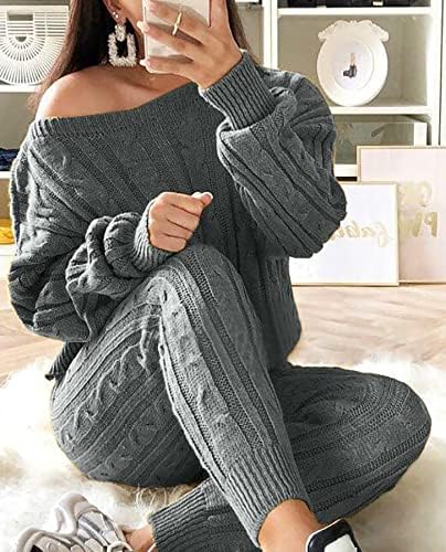 Molisry Women Cable malha 2 peças roupas de manga comprida pulôver de calça de calça de calça longa longa sets de lounge no outono inverno