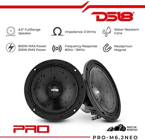 DS18 PRO -M6.2NEO 6,5 ”Alto -falante de médio porte - ímã de neodímio, 400W Max Power, 200W RMS, 2 ohms - Alto -falantes de áudio de qualidade premium - IP66 Resistência à água, perfeita para aplicações de motocicleta