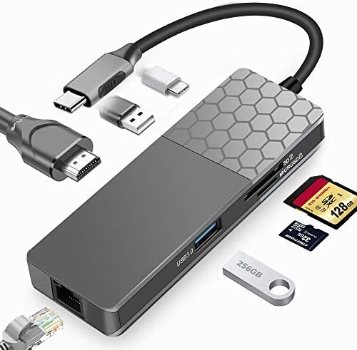 Ikismet USB C Hub Ethernet, adaptador multitor de 7 em 1 USB C Hub com 4K HDMI, 1000m LAN, entrega de energia 100W, slots de cartão