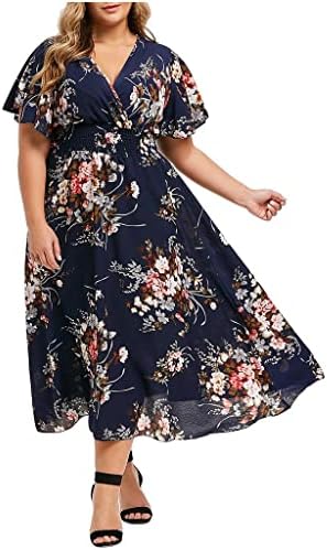 Fehlegd feminino plus size vestido noturno de verão impressão floral sexy wrap v pescoço de manga curta de manga curta
