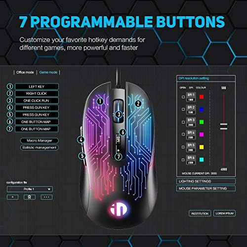 Mouse de jogos Inphic, 7 botões programáveis ​​macro, 4800dpi ajustável, rastreamento óptico, design ergonômico, luz de fundo RGB,