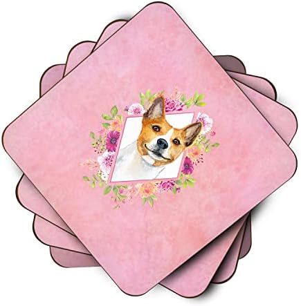 Tesouros de Caroline CK4115FC Basenji Pink Flowers Coams Coants Conjunto de 4, 3 1/2 x 3 1/2, multicolor