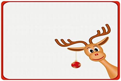 Ambesonne Christmas Pet Tapete Para comida e água, renas em moldura vazia com bola de Natal de borda vermelha pendurada em chifres, retângulo de borracha sem deslizamento para cães e gatos, caramelo pálido e vermelho