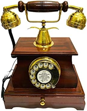 Telefone vintage de latão vintage, bronze antigo e dial rotativo de madeira telefonia telefonia de maharaja