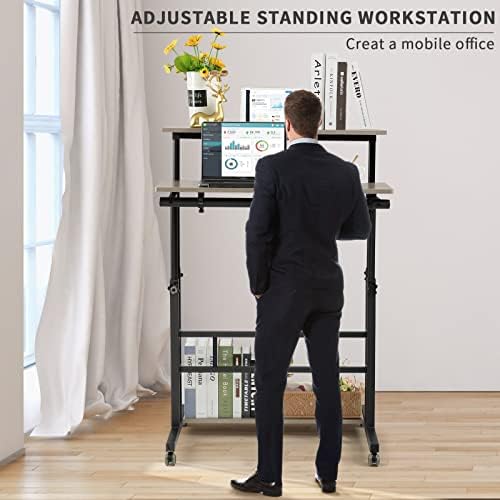 Hadulcet Mobile Standing Desk, Rolling Table Desk Ajustável Computador, Stand Up Laptop Desk Mobile WorkStation for Home Office Room With Wheels, 31,49 x 23,6 em cinza claro
