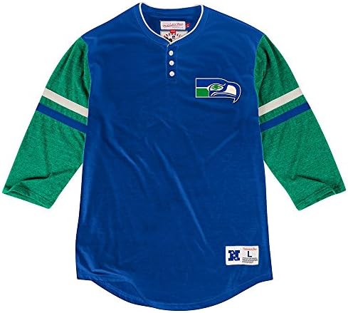 Mitchell e Ness Seattle Seahawks NFL Blue Home Stretch Vintage 3-Button Henley Shirt for Men