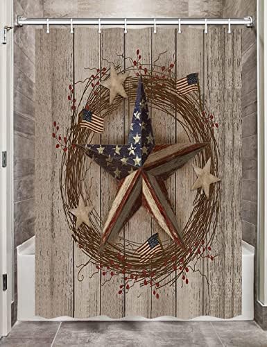 Cortina de chuveiro de madeira rústica, estrela patriótica do celeiro no país primitivo de madeira de madeira de decoração americana
