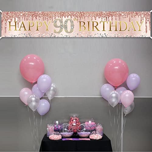 Decorações de banner de 90 anos para mulheres, ouro rosa rosa Feliz 90 anos de festas de banner de bigor