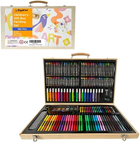 Conjunto de arte de Royalcart 180 Deluxe, Kit de desenho de pintura com lápis coloridos de lápis coloridos de petróleo mega suprimentos em madeira para presentear meninos para crianças meninos, panor
