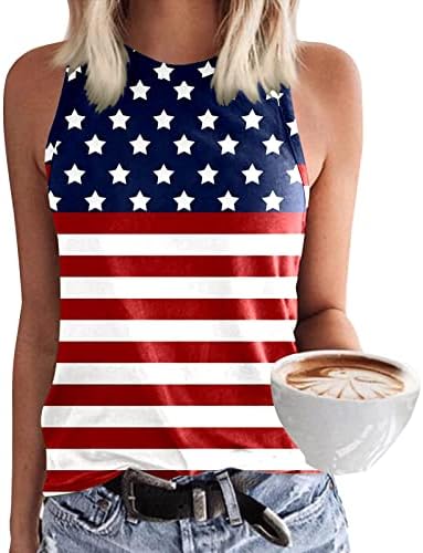 4 de julho Camisas para mulheres bandeira dos EUA Summer Summer Sleesess O-Gobes Tanks Tops Stripes Tie-Dye Patriótico