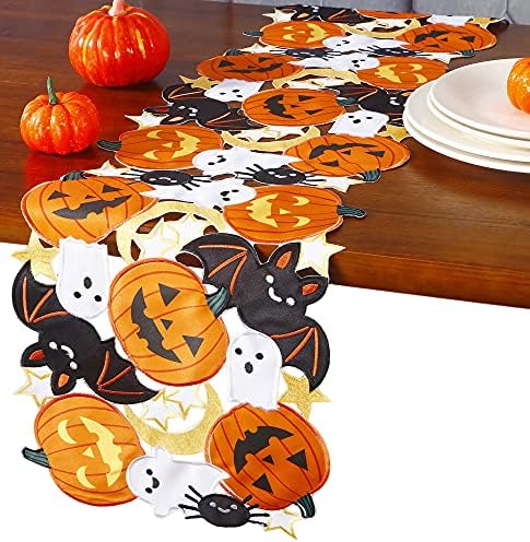 GrandDeco Holiday Halloween Table Runner 13 X54, Cutwork Applique Bordeded Pumpkins e Bats Dresser Sconhe para jantar em casa Autumn Ação de Graças Decoração de Tabletop