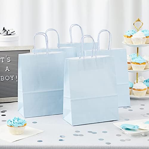 25 Pacote de bolsas de presente de papel azul claro médio com alças para presentes, suprimentos para festas de aniversário