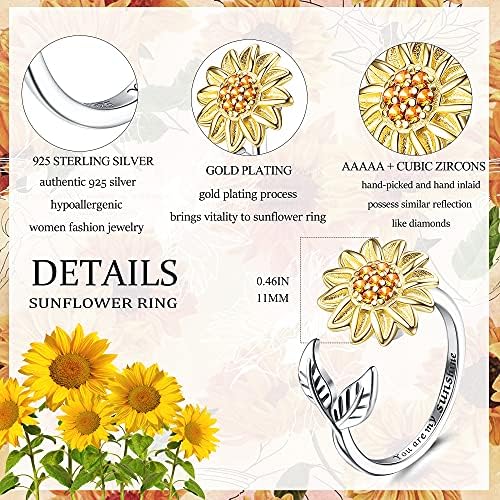 Jewenova Sterling Silver Sunflower Fidget Ring para meninas, você é meu anel de alívio do estresse do sol, presente de jóias de natal para mulheres adolescentes