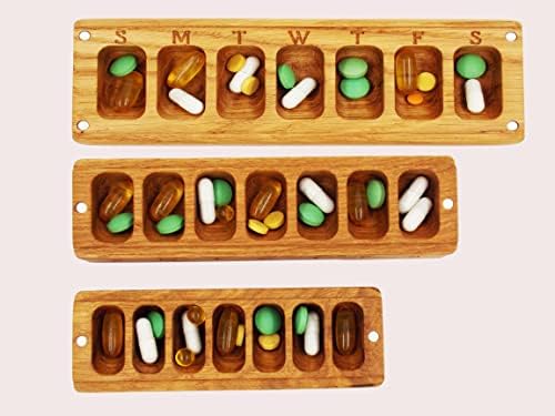 Caixa de comprimidos de madeira personalizada de 7 dias, organizador da caixa de comprimidos, recipiente de madeira natural para