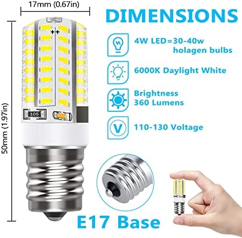 Bulbo LED E17, lâmpada de forno de microondas 4W, lâmpadas de fogão, lâmpadas de halogênio equivalentes de 6000k Luz de 6000k 40W,