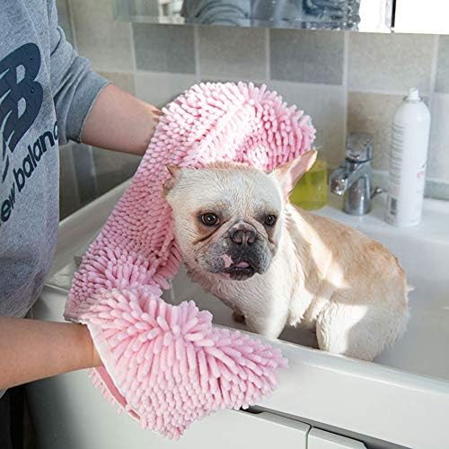 Toalha de cachorro seco petlex, toalha de banho de gato, Super absorvente Microfibra rápida Chenille Shammy Toalha com bolsos de mão, Melhor toalha de secagem de animais de estimação para cães e gatos, 31,5 x 13,8 polegadas, rosa