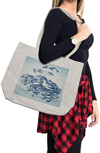 Bolsa de compras de gaivotas de Ambesonne, gaivotas em vôo sobre o design de esboço simplista em costa rochosa, bolsa reutilizável