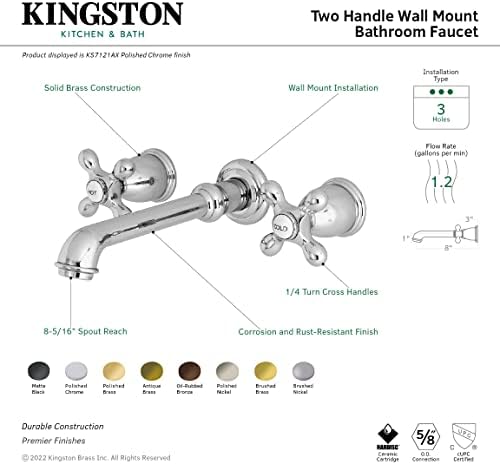Kingston Brass KS7127AX Torneira de banheiro de montagem de parede central de 8 polegadas, latão escovado