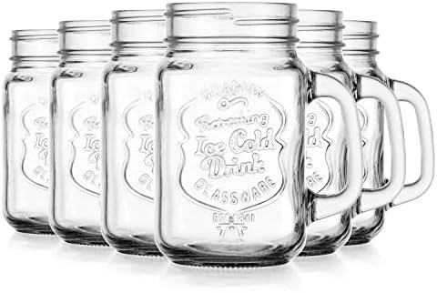 Jarros de bebida de Glaver - Conjunto de 6 xícaras de jarra de pedreiro - 16 onças de copos transparentes com alça conveniente e logotipo em relevo gelado - são ideais para bebidas frias, coquetéis, shakes, refrigerantes, suco e mais