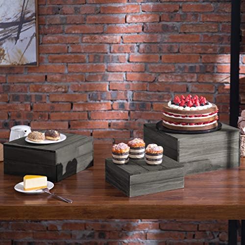 Mygift Crate Style Wood Cupcake Stand, vintage Grey Bolo de madeira Stand Stand Apertizer Display Riser, conjunto de 3