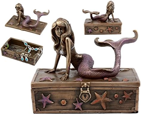 Presente de Ebros Presente de Resina Bonzed Mermaid Ariel repousando em corais estrelamente corais da caixa de jóias decorativas do peito