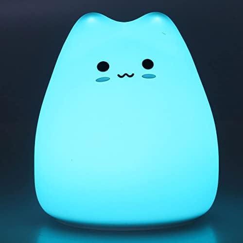 Luz noturna infantil portátil LED, luz de silicone multicolorida, lâmpada de cabeceira em forma de gato, operação de bateria,