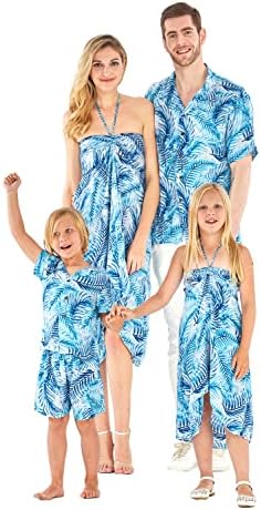 Família combinável havaiana luau homens mulheres roupas meninas roupas em folhas simplesmente azuis