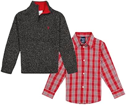 O suéter de 2 peças dos garotos do izod conjunto com camisa de vestido de botão com colarinho comprido