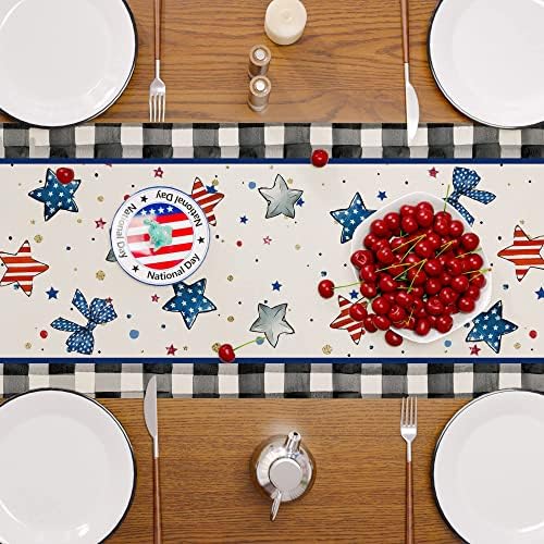 4 de julho Runner de mesa para jantar de cozinha, Runner de mesa patriótica para o Dia da Independência American Flag Star Memorial Day Decorações para festa interna ao ar livre
