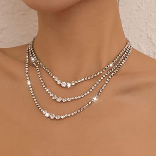 Colares de strass em camadas SixExey Cadeiras de colar de cristal prata jóias de colar de festas brilhantes para mulheres e meninas