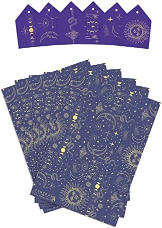 Papel de embrulho azul e dourado central 23 - Lua e estrelas - 6 folhas de embrulho de presente com tags - Celestial Wraps -