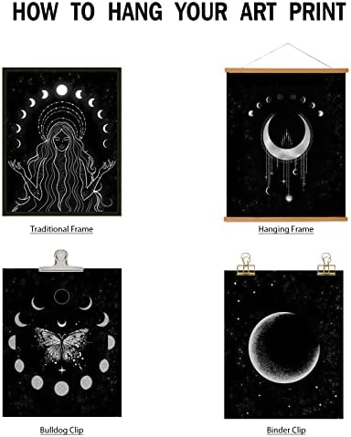 Poster de arte da parede da fase da lua origina, conjunto de 6 prateadas da lua e estrelas estampas, pintura de lona de arte