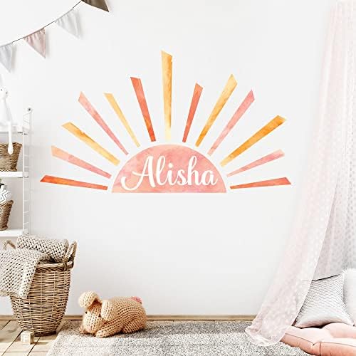 Decalque de parede de meio -sol - Rainbow Rising Sun Wall Sticker - Decalques boho - Nome personalizado Arte da parede -