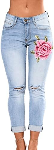 Maiyifu-gj-gj feminino floral bordado jeans angustiado namorado meio ascensão destruída calças jeans rasgadas