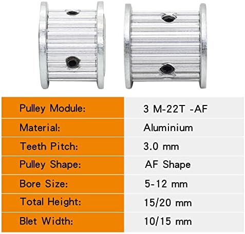 Axwerb Professional 2pcs 3m-22t polias de cinto, tamanho de furo 5/6/6,35/8/10/20 mm de polia de liga de liga AF para largura de correia 10/15mm