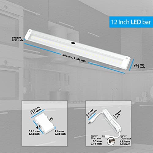 Eshine 12 polegadas LEDs limpáveis ​​sob tira de iluminação do gabinete com sensor de movimento de onda manual, branco, com acessórios, branco quente